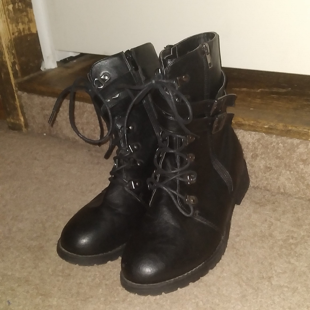 Black lace buckled strap ankle combat boots